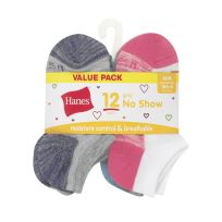 Hanes Girl's Moisture Control & Breathable No Show Socks, 12-Pack