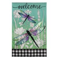 Evergreen Dragonflies and Wildflowers House Linen Flag, 13L10909