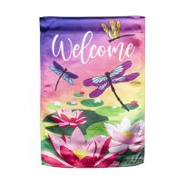 Evergreen Welcome Dragonfly with Lily Pads Garden Lustre Flag, 14LU10957