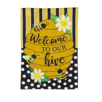 Evergreen Welcome to our Hive Stripes and Dots Garden Burlap Flag, 14B10896