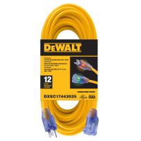 DEWALT Lighted SJTW Extension Cord, 12/3, DXEC17443025, 25 FT