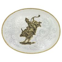 Montana Silversmiths Large Silver Engraved Western Belt Buckle with Bull Rider, 2120