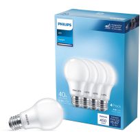 Philips LED 5.5W (40W equiv) A19 Frosted Basic Daylight Light Bulb, Daylight, 4-Pack, 565358