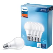 Philips LED 11W (75W equiv) A19 Frosted Basic Blub, Soft White, 4-Pack, 565374