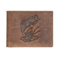 Mossy Oak Huge Bass Embossed Bifold Leather Wallet, 4042M, Brown