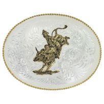 Montana Silversmiths Large Silver Engraved Western Belt Buckle with Bull Rider, 2120