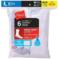 Hanes Double Tough Big&Tall Cushion Crew Sock, 6-Pack, 144/6, White / Grey, 12 - 14