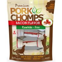 Premium Pork Chomps Baked Pork Skin Knots with Bacon Flavor Strip Dog Chews, 8 Count, DT512V, 6 IN