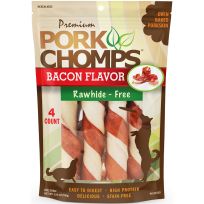 Premium Pork Chomps Baked Pork Skin Twists with Bacon Flavor wrap Dog Chews, 4 Count, DT525V, 6 IN