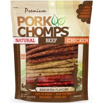 Premium Pork Chomps Assorted Flavor Munchy Stick Dog Chews, 50 Count, DT809V, 5 IN