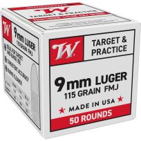 Winchester USA TARGET 9 MM LUGER Full Metal Jacket 115 Grain, 50-Rounds, W9MM50