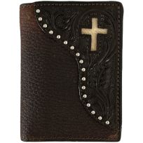 Ranger Belt Co. Leaf Tooling with an Inlay Cross & Natural Hair Leather Trifold Wallet, C822T, Chocolate Brown