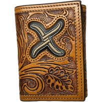 Twisted X Embroidered Gold "X" Leather Trifold Wallet, XRC-T6, Tan