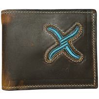 Twisted X Embroidered Turquoise "X" Leather Bifold Wallet, XRC-21B, Distressed Brown
