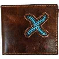 Twisted X Embroidered Turquoise "X" Leather Bifold Wallet, XH-80B, Distressed Brown