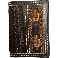 Ranger Belt Co. Basket Weave & Earth Tone Embroidery Edge Trifold Wallet, WH-211T, Dark Brown / Orange