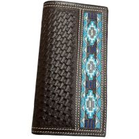 Ranger Belt Co. Blue Embroidered, Southwest Design Edge Rodeo/Travel Wallet, WH-212, Dark Brown / Blue