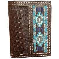 Ranger Belt Co. Blue Embroidered, Southwest Design Edge Trifold Wallet, WH-212T, Dark Brown / Blue