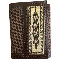 Ranger Belt Co. Basket Weave & Earth Tone Embroidery Edge Trifold Wallet, WF-144T, Brown / Ivory