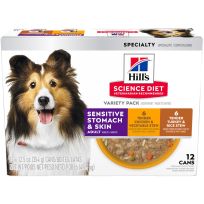 Hill's Science Diet Adult Sensitive Stomach & Sensitive Skin Wet Dog Food, Variety Pack, 12-Count, 609626, 12.5 OZ Can