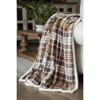 Carstens Plaid Plush Sherpa Throw Blanket, Grey / Chestnut, JP930, 54 IN x 68 IN