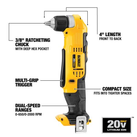 Bomgaars DEWALT Lithium Ion Right Angle Drill Driver Tool Only 20V MAX 3 8 IN Angle Drill