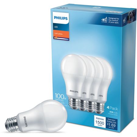 Philips LED 14W 100W equiv A19 Frosted Basic Light Bulb Soft White 4 Pack 565408