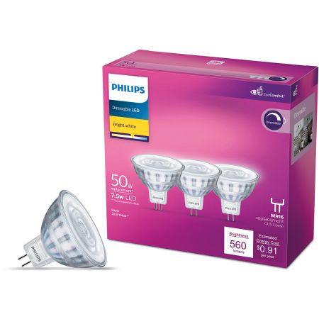 Bomgaars Philips LED 7.5W 50W equiv Dimmable GU5.3 Base MR16 Spot Light Bulb Bright White 3 Pack Light Bulbs