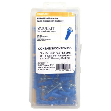 Ribbed Plastic Drywall Anchor Kit with Screws and Masonry Drill Bit #10-12 x 1" 